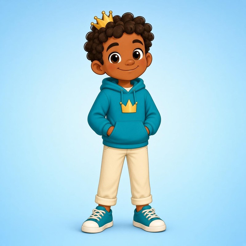 Kai, a boy with curly hair, a teal hoodie and a gold crown.
