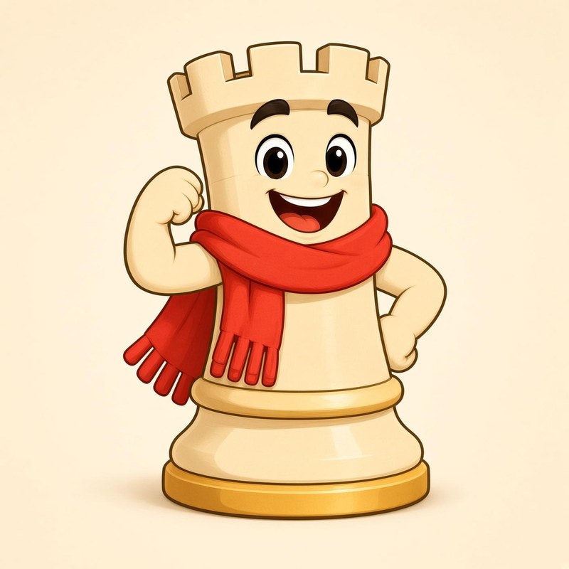 Rook Rocky, a castle piece wearing a coral scarf.