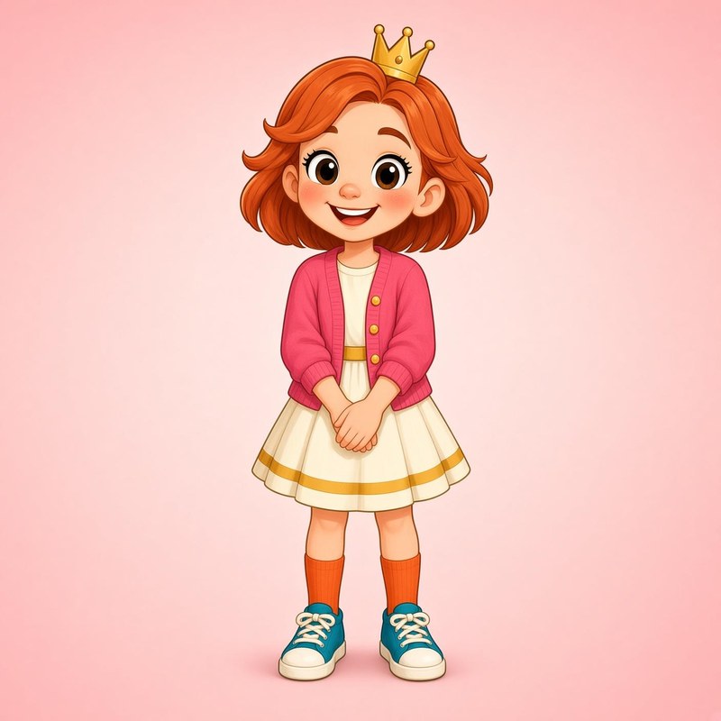 Ruby, a girl with ginger hair, freckles, a small crown and a coral cardigan.