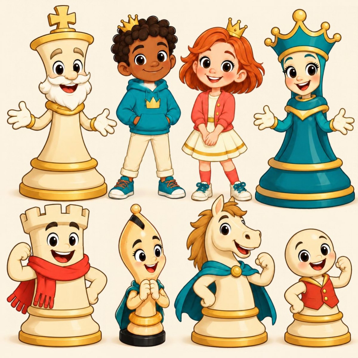 The book's characters: a king piece, a boy in a teal hoodie, a girl with a small crown, a queen piece, a rook with a coral scarf, a bishop, a knight and a pawn.