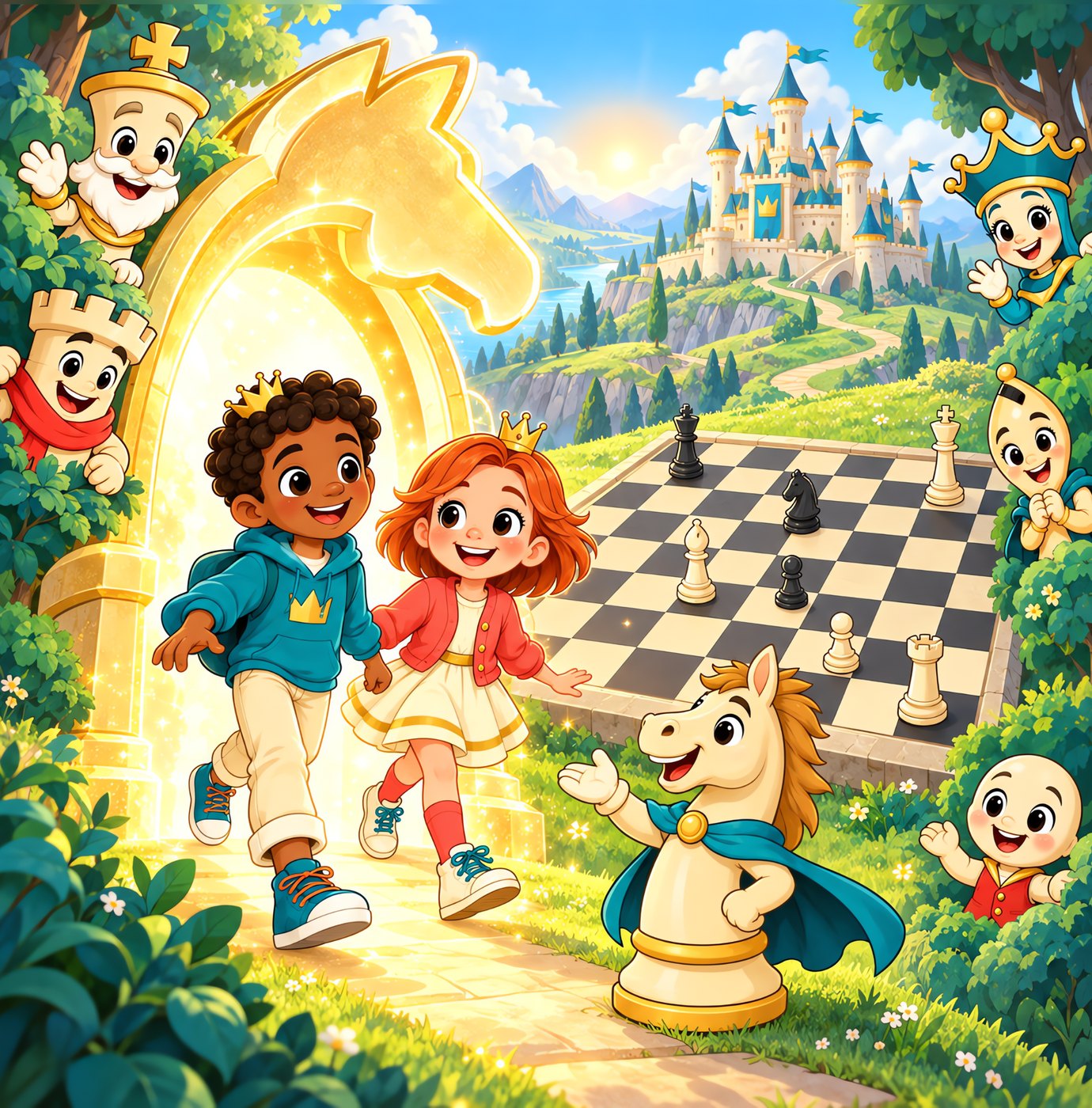 Two children run through a golden knight arch toward a giant chessboard and a castle. The king, rook, queen, bishop and pawn wave from the trees.